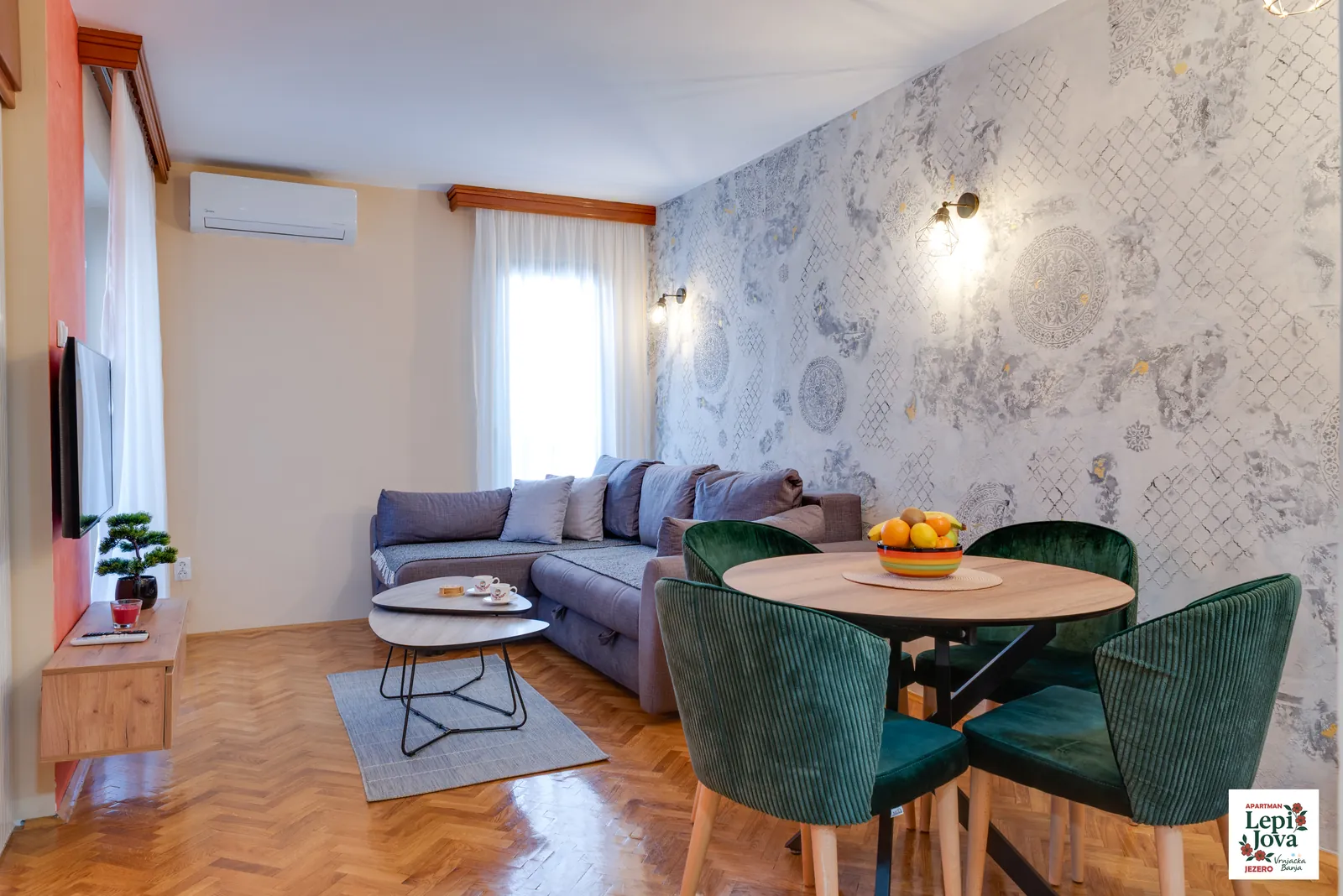 Dnevni boravak sa televizorom i klima uređajem u apartmanu Jezero